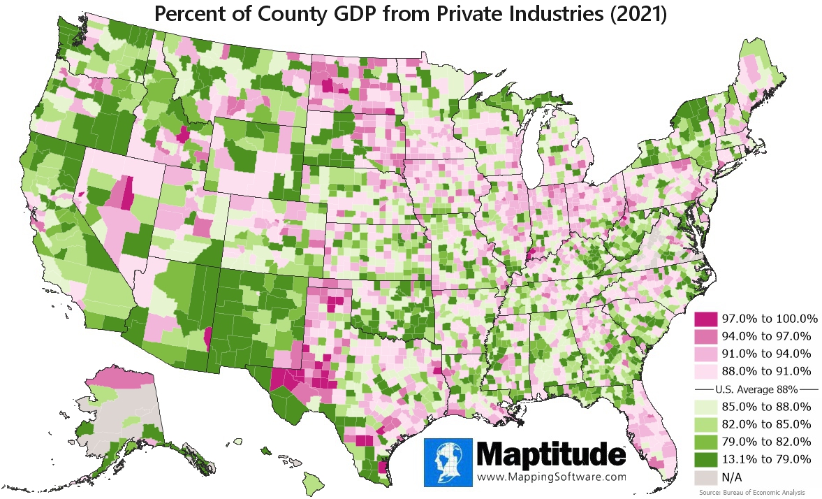 Maptitude mapping software infographic showing GDP from Private Industries