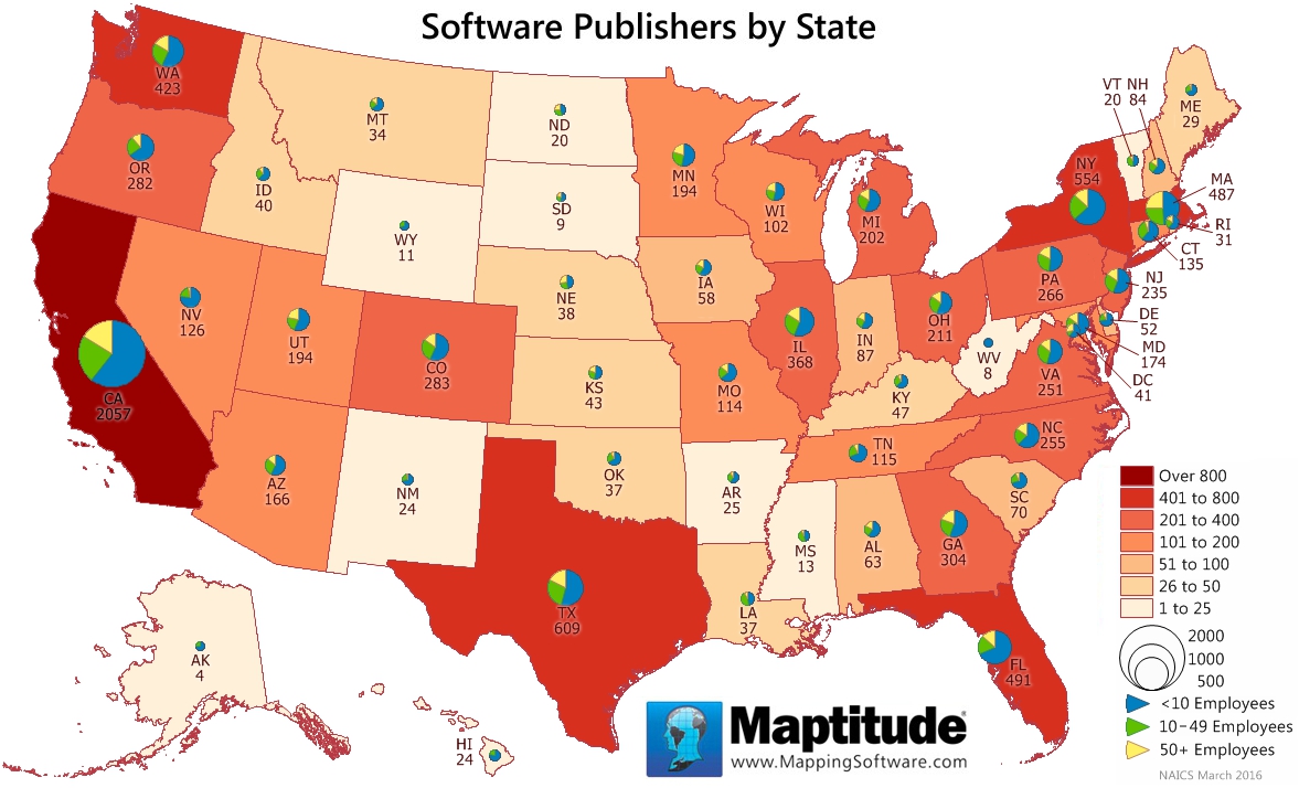Maptitude mapping software map infographic of the number of software publishers in each state