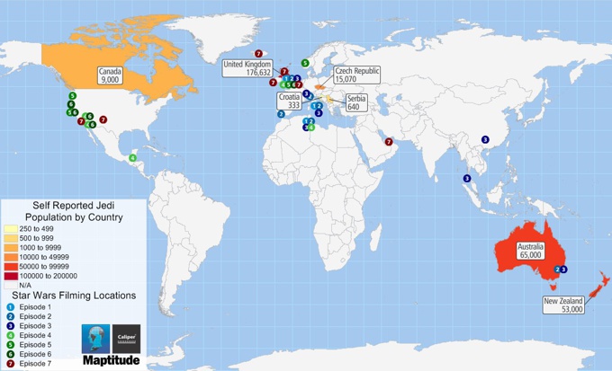 Maptitude mapping software map of Star Wars filming locations