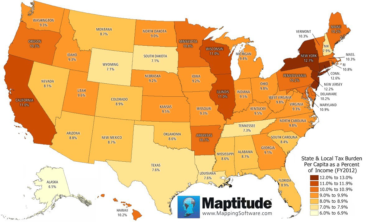 Maptitude mapping software map of state and local income tax burden