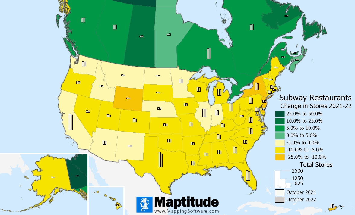 Maptitude mapping software infographic one-year change in Subway restaurants in the U.S. and Canada