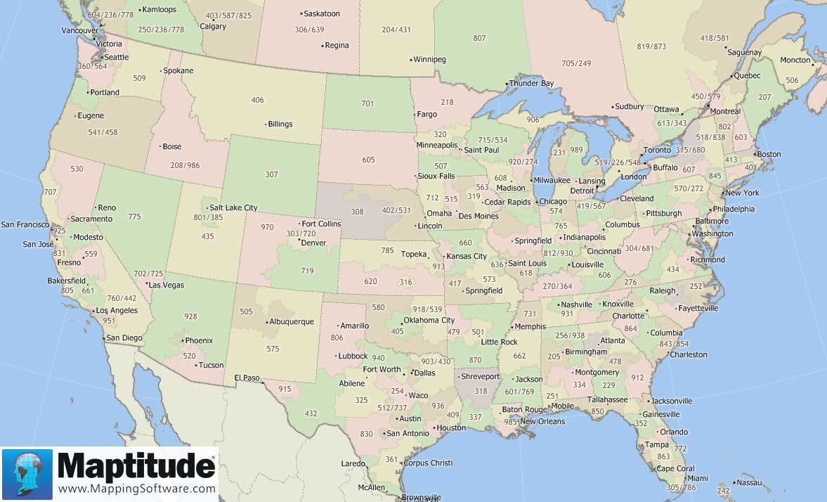 Maptitude mapping software map of area code boundaries in the U.S. and Canada