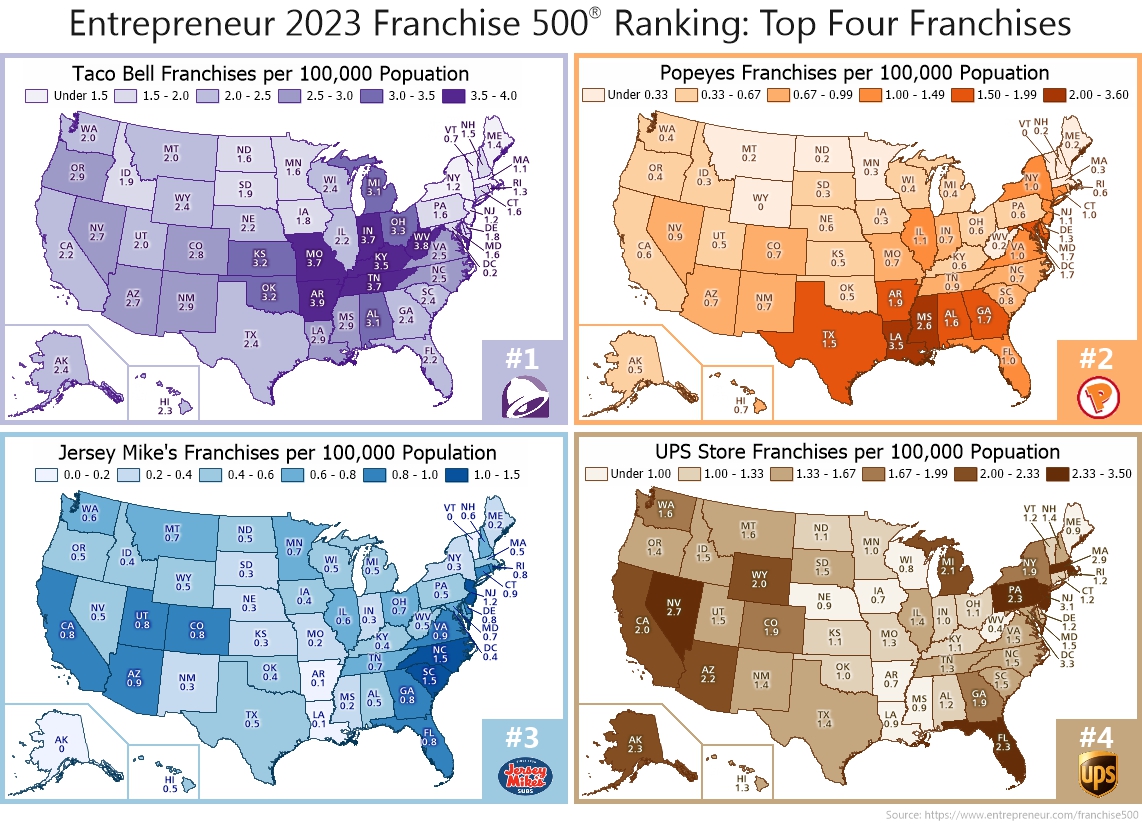 Maptitude mapping software infographic of Entrepreneur 2023 Franchise 500 top four franchises by state