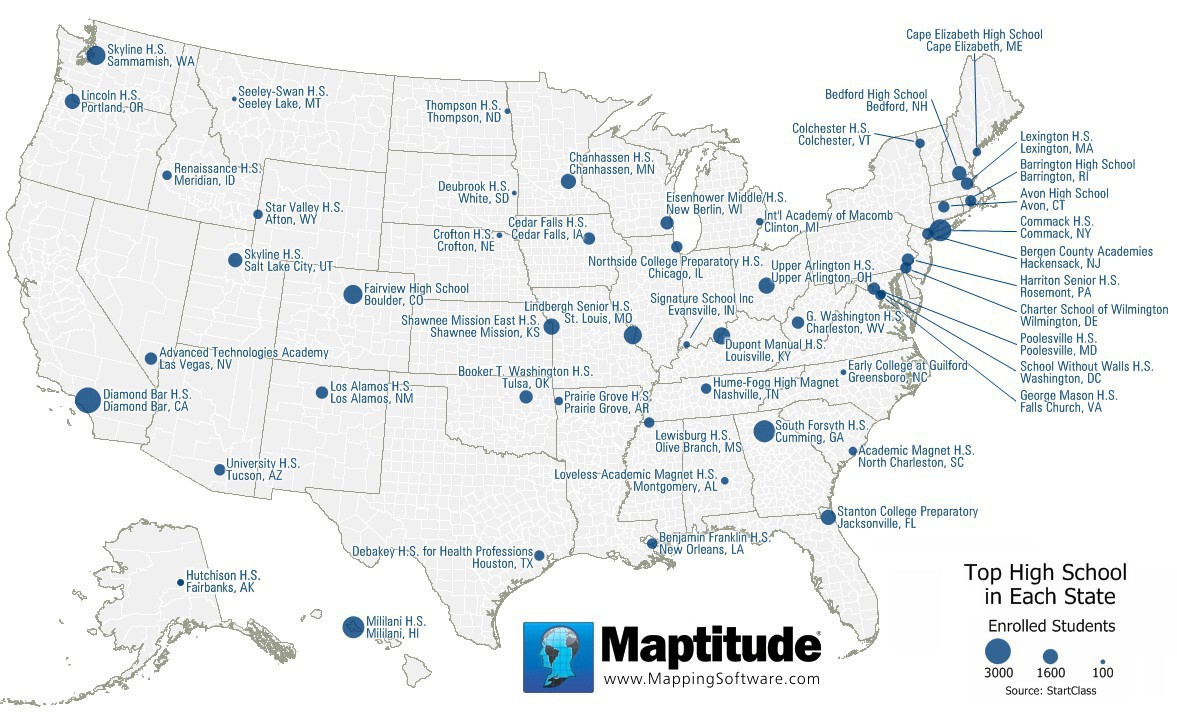 Maptitude mapping software map of top high schools