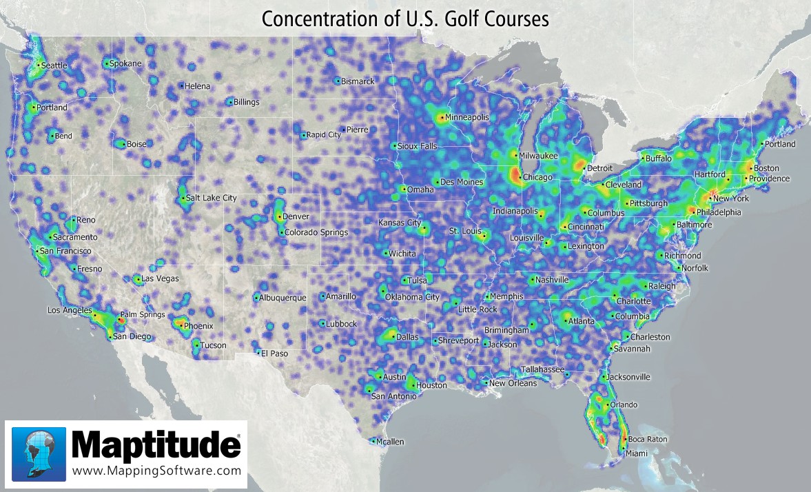 Maptitude mapping software map infographic of golf course density in the United States