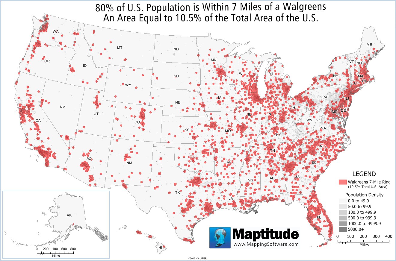 Maptitude map showing 80% of the U.S. population within 7 miles of a Walgreens