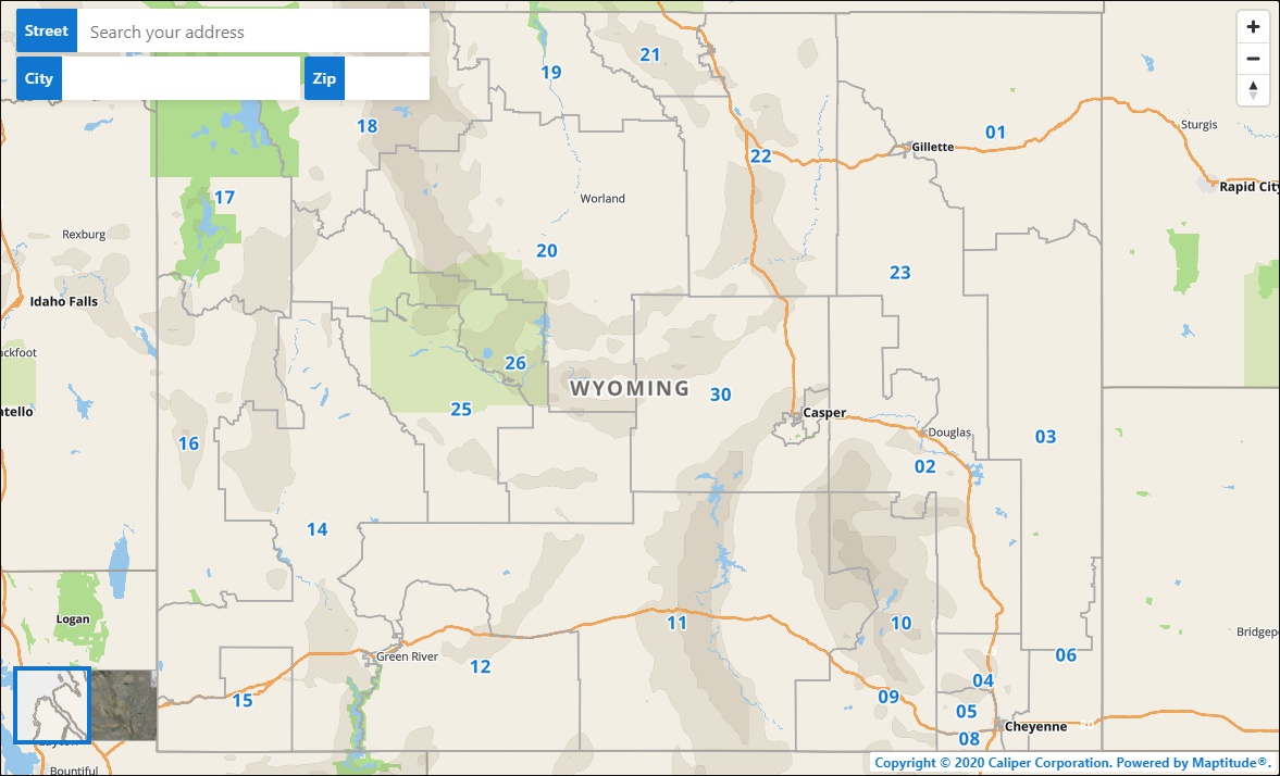 An example Maptitude Online Sharing app interactive map of the Wyoming Legislature