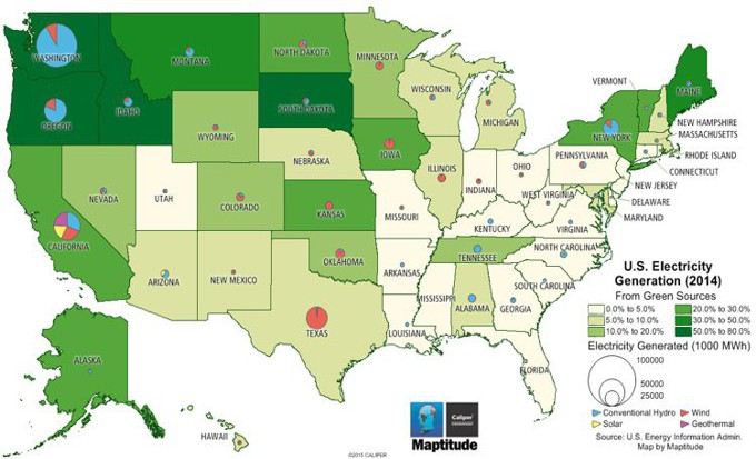 Maptitude mapping software map showing the percentage of electricity generated from renewable resources