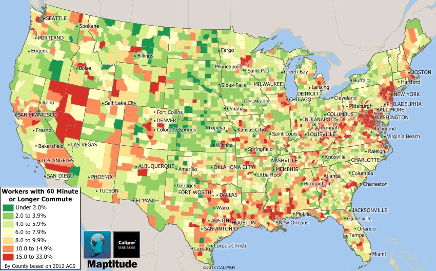 Percent of Workers with Hour Plus Commute Maptitude Map
