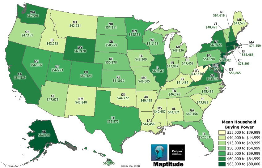Maptitude Featured Map of Mean Disposable Income by State