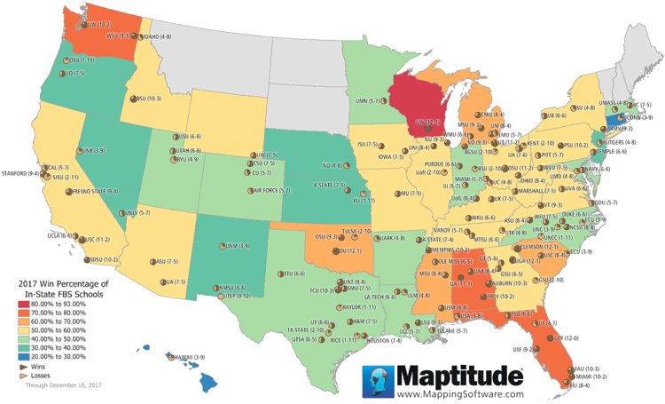 Maptitude Map of FBS School Win Percentage by State