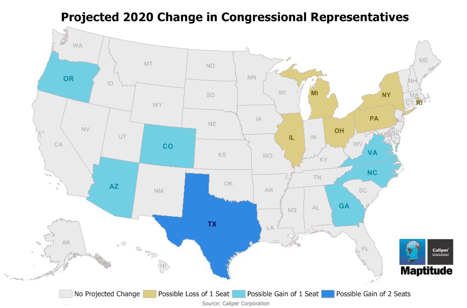 Projected map of reapportionment based on Caliper projections