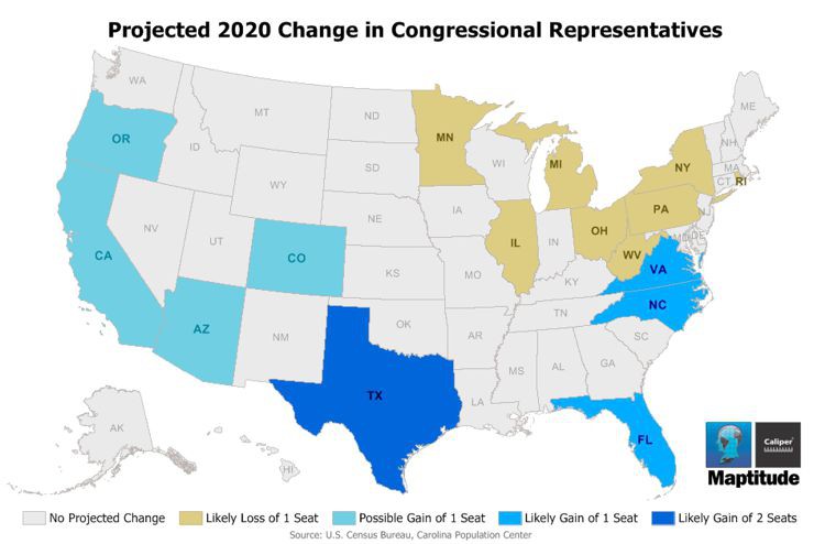 Maptitude map of projected change in congressional representatives