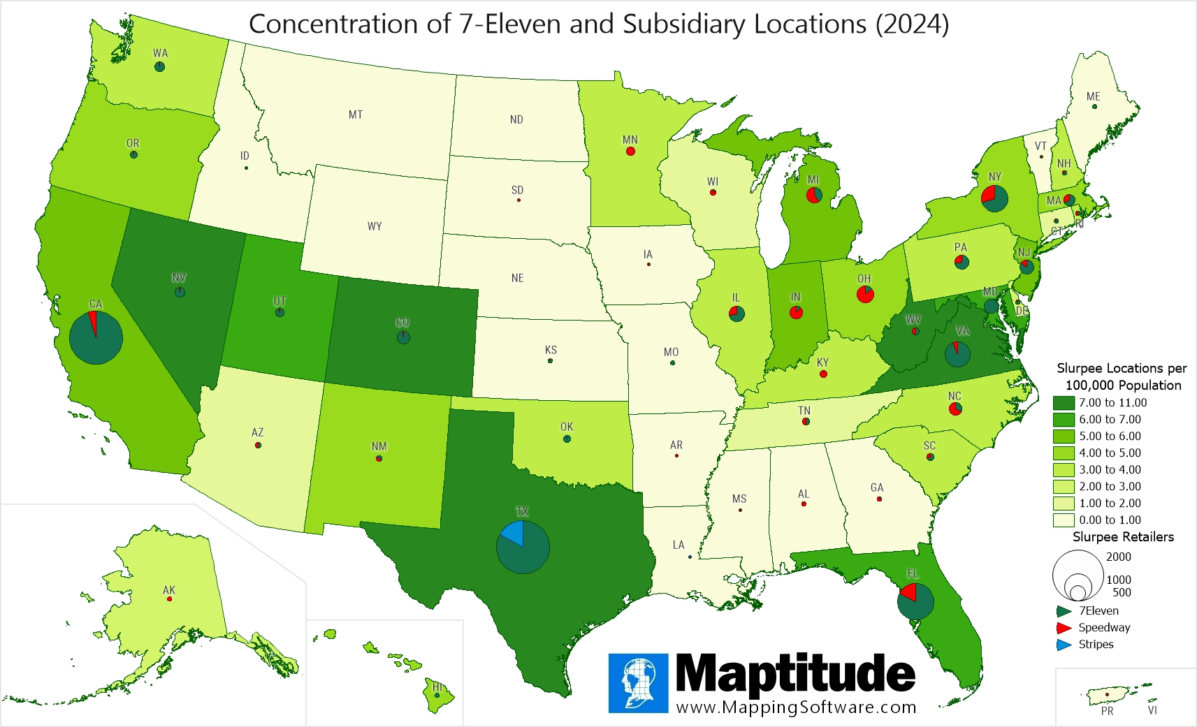 Maptitude mapping software infographic of 7-Eleven and subsidiary stores by state for July 11 National Slurpee Day