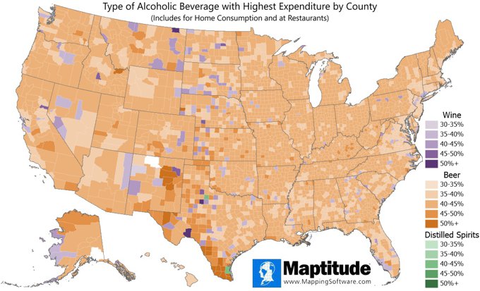 Map comparing wine, beer, and distilled spirits expenditure by U.S. County