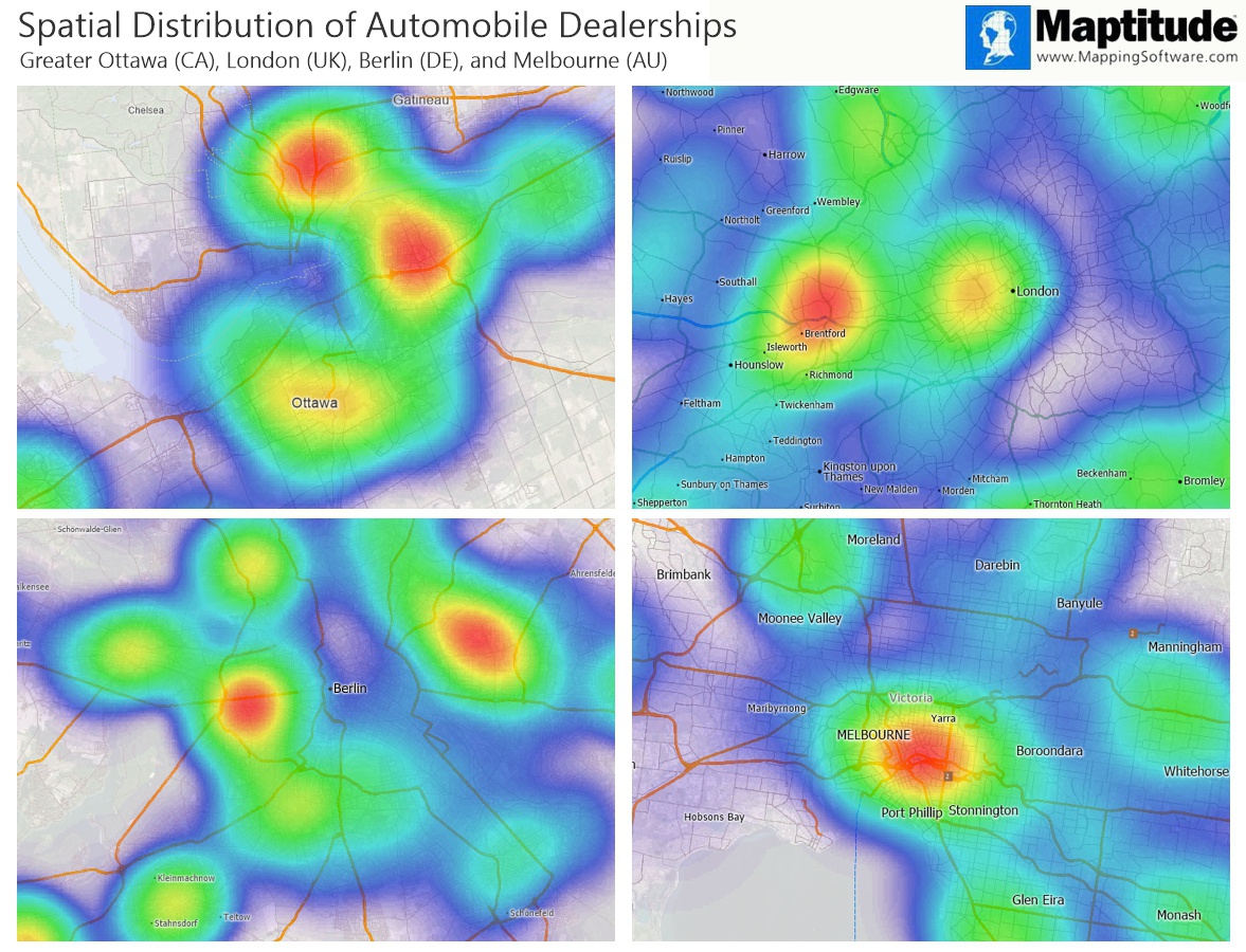 Maptitude mapping software map infographic of auto dealership concentration in selected world cities