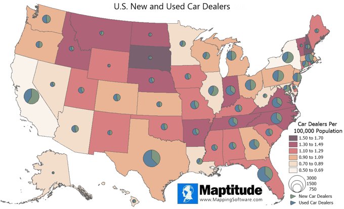 Maptitude map of New and Used Car Dealers by state