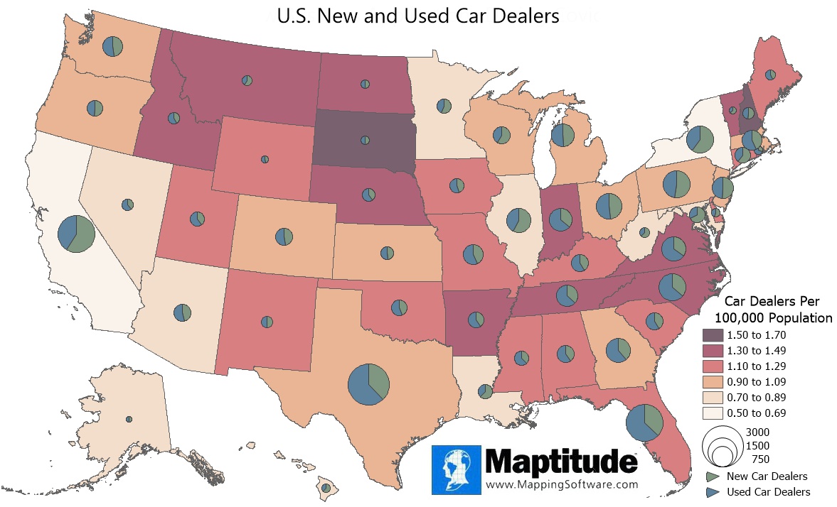 Maptitude mapping software infographic comparing concentration of new and used car dealers by state