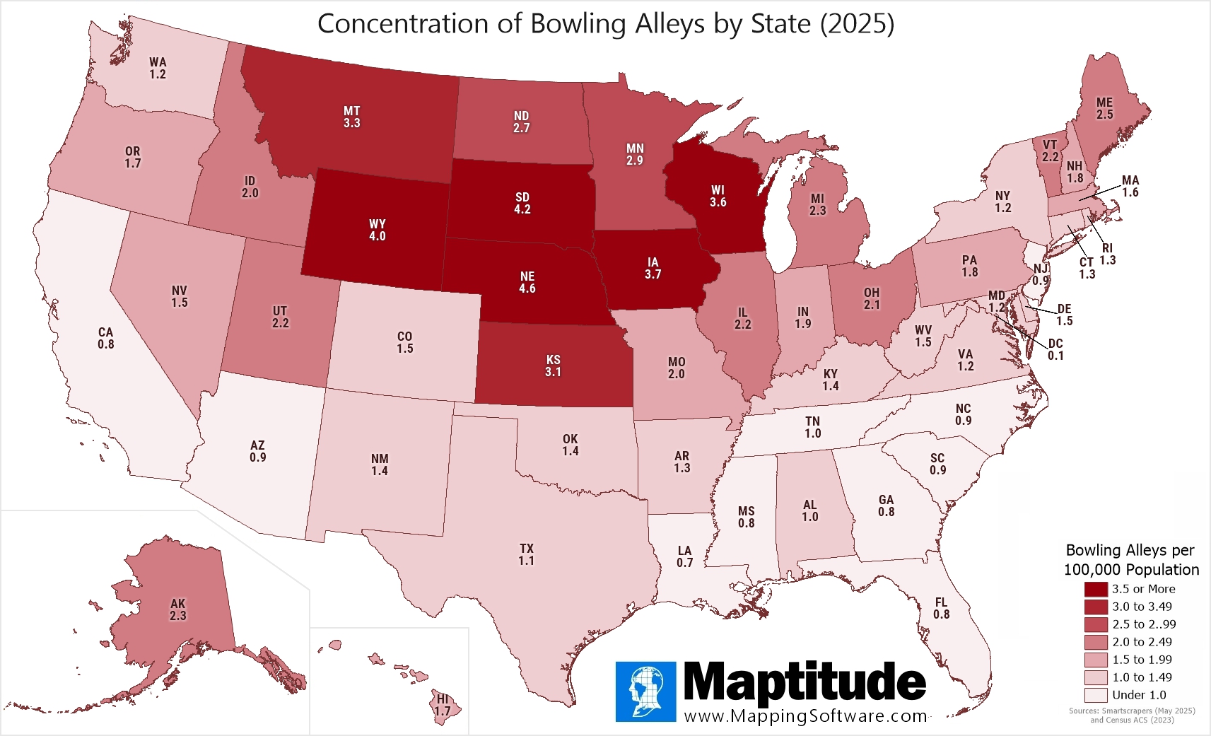 Maptitude mapping software infographic of bowling alleys per 100,000 population by state