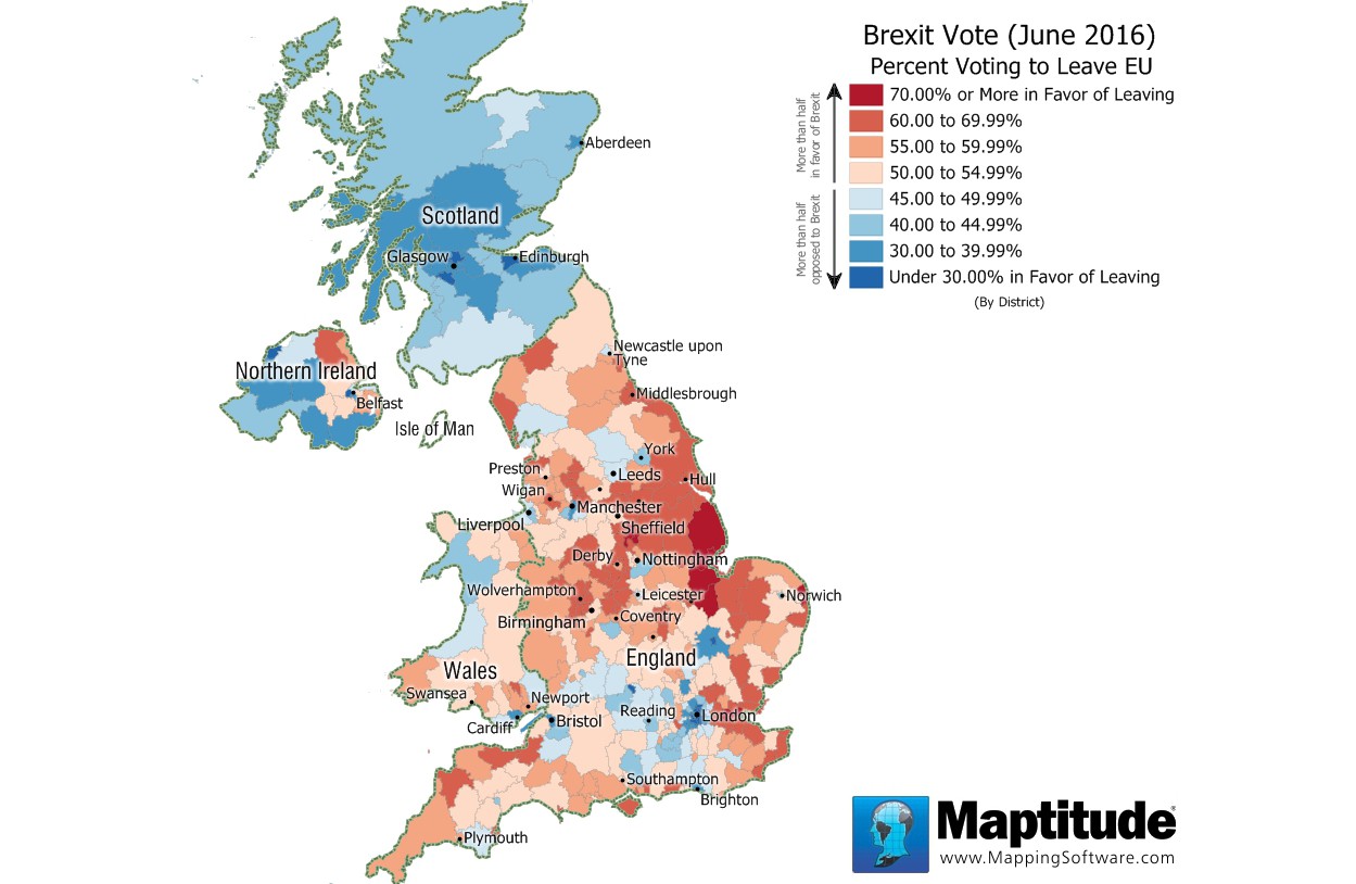Maptitude map showing the results of the Brexit vote by UK District