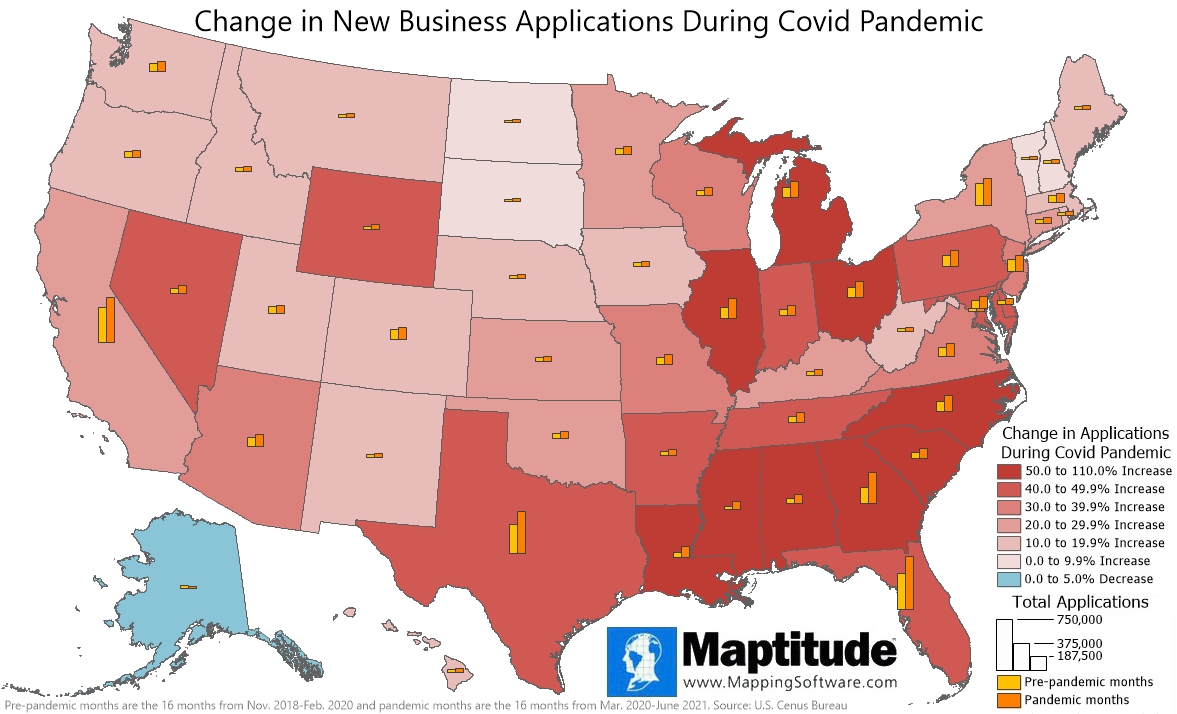 Maptitude map new business applications by state comparing pre- and post-covid numbers