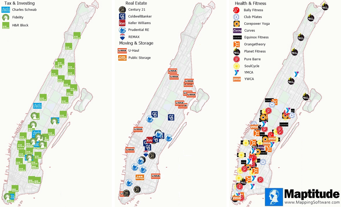Maptitude mapping software map infographic of selected New York business locations