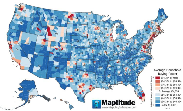 Maptitude Map of average disposable income per household by county