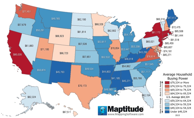 Maptitude Map of average disposable income per household by State