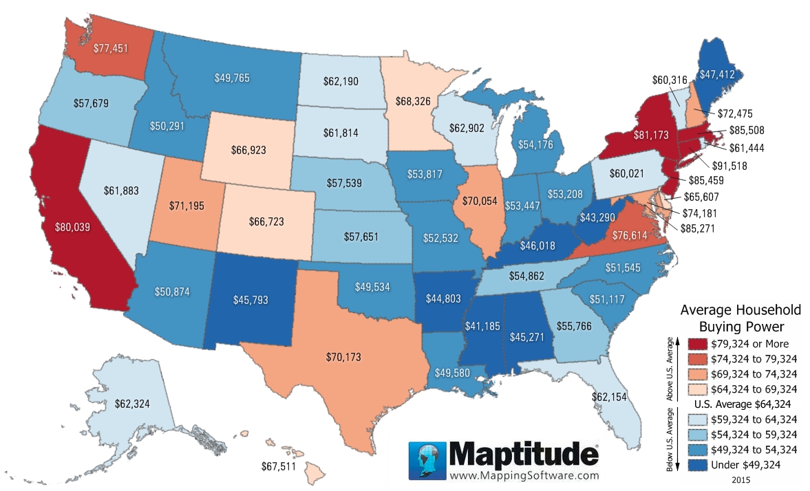 Maptitude map of buying power per household by state