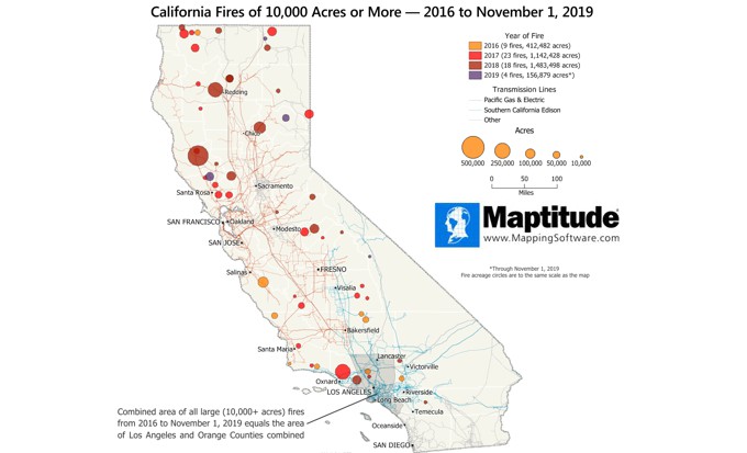Maptitude map of California Wild Fires 2016-2019