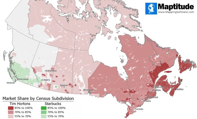 Comparison of Tim Hortons and Starbucks market share by Canada Census Subdivision