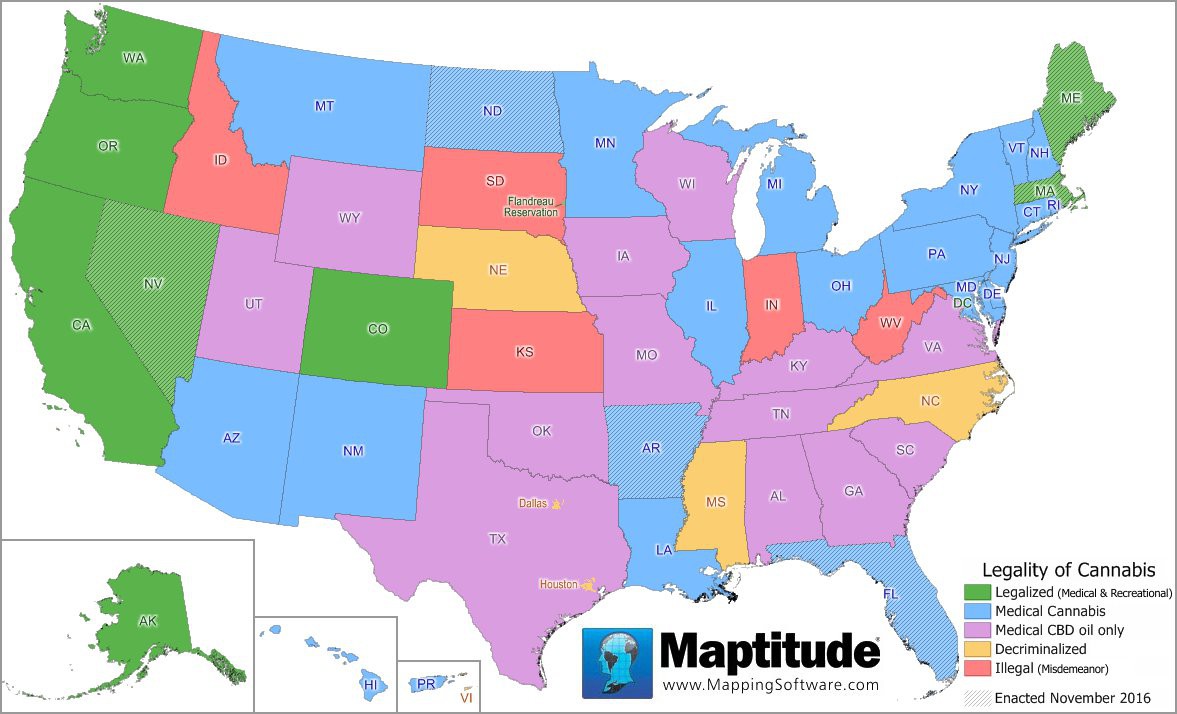 Maptitude map of cannabis laws by state