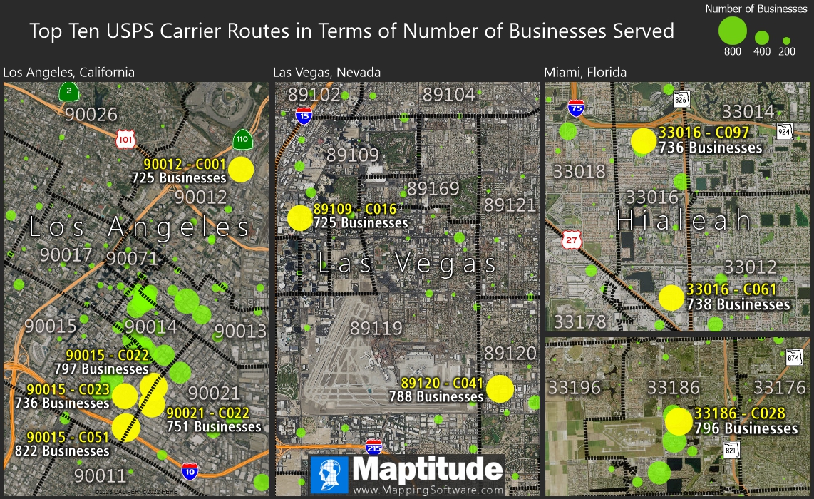 Maptitude mapping software infographic of USPS carrier routes that serve the most businesses
