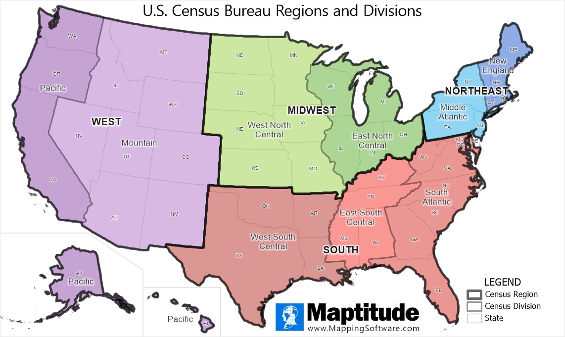 Maptitude mapping software infographic of Census Regions and Divisions