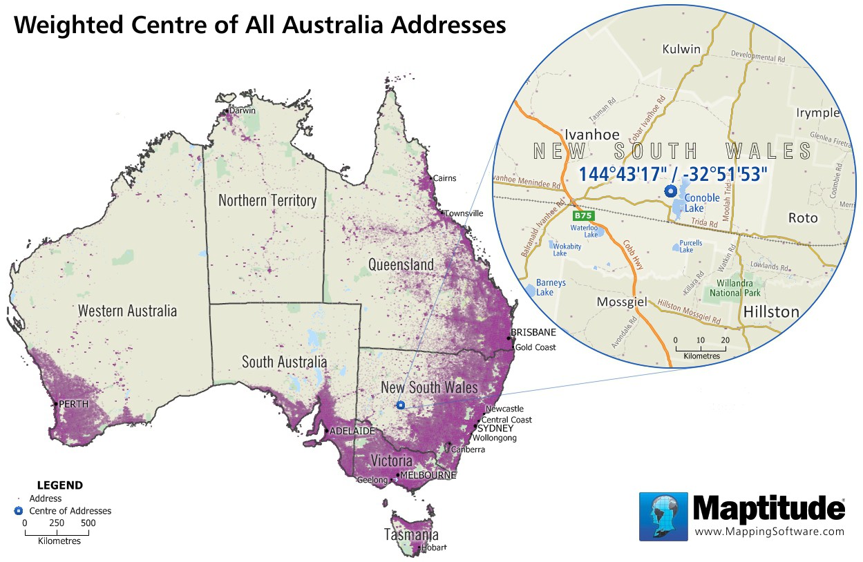 Maptitude map of the weighted centre of Australia addresses