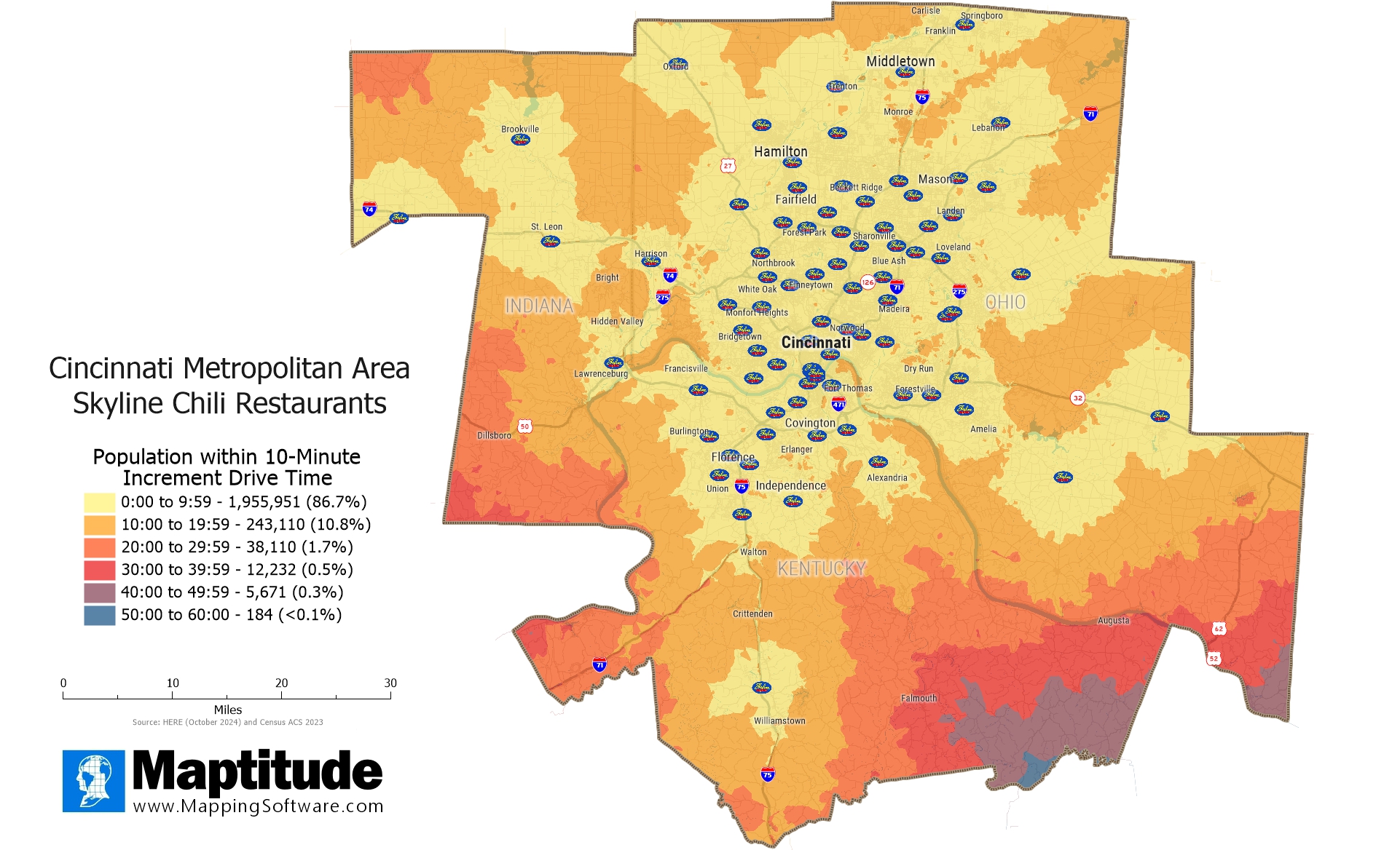 Maptitude mapping software infographic of Skyline Chili locations in metropolitan Cincinnati