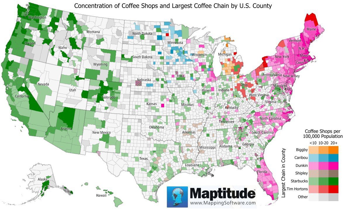 Maptitude map coffee shop concentration by county