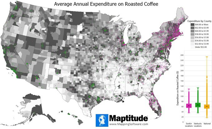 Maptitude map of coffee expenditure in the U.S. and box plot comparing Dunkin, Starbucks, and Caribou