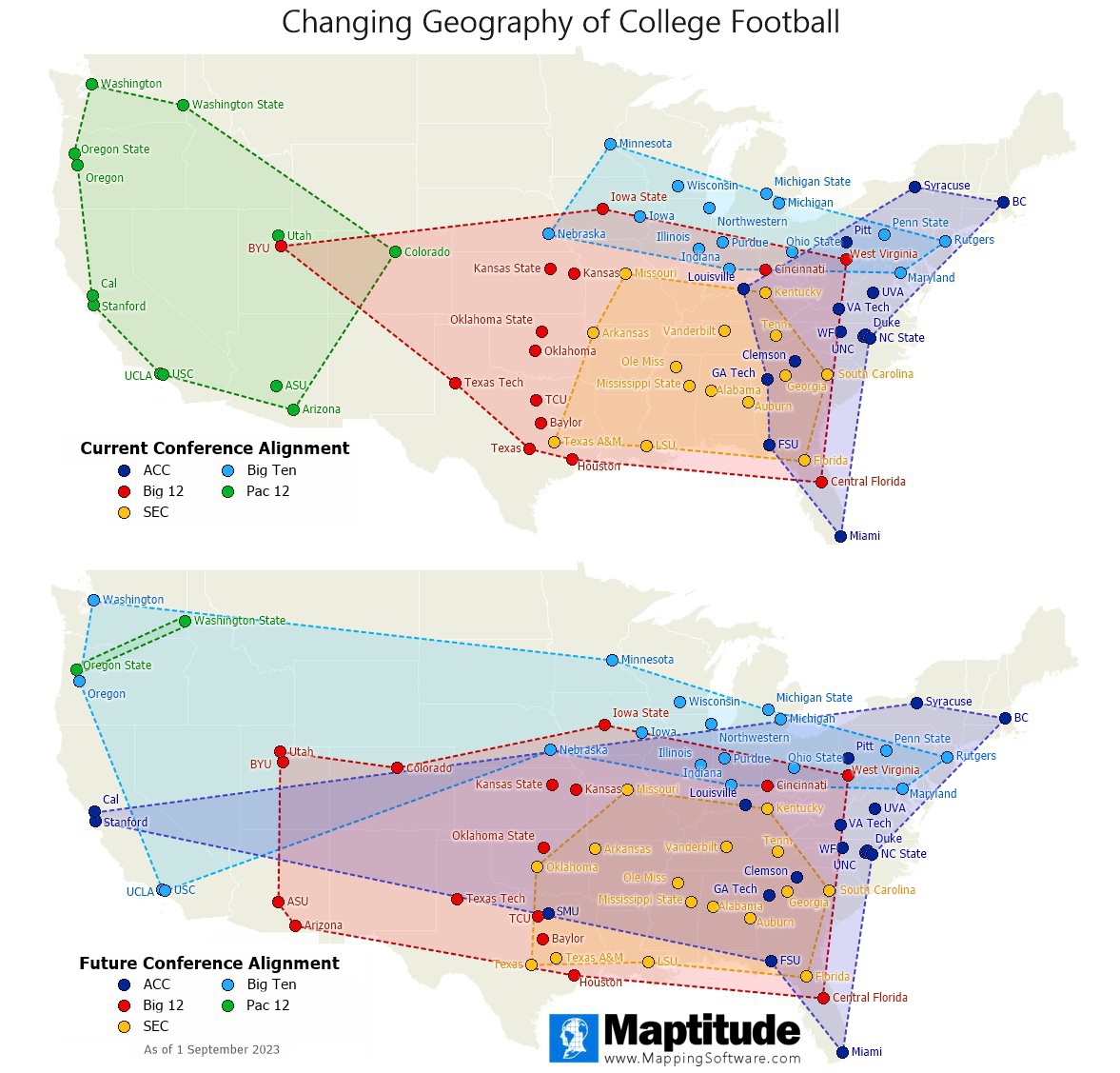 Maptitude mapping software infographic comparing the current and future geographic distribution of college football conferences