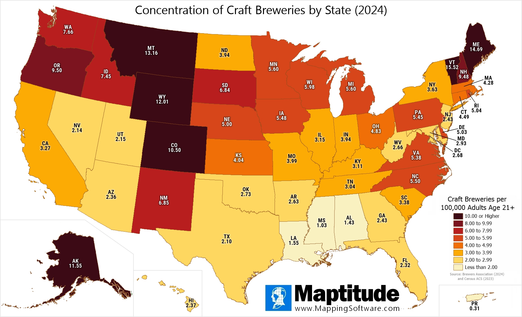 Maptitude mapping software infographic of craft breweries by state