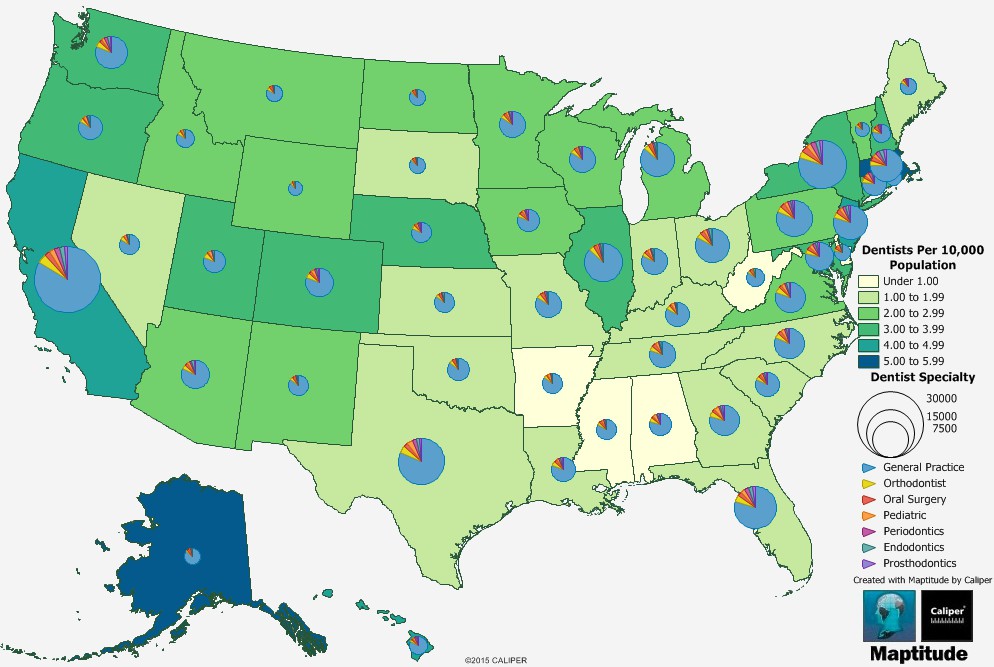 Maptitude mapping software map of dentists per 10,000 population by state
