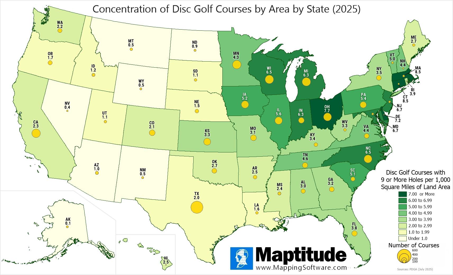 Maptitude mapping software infographic of disc golf courses by state for National Disc Golf Day