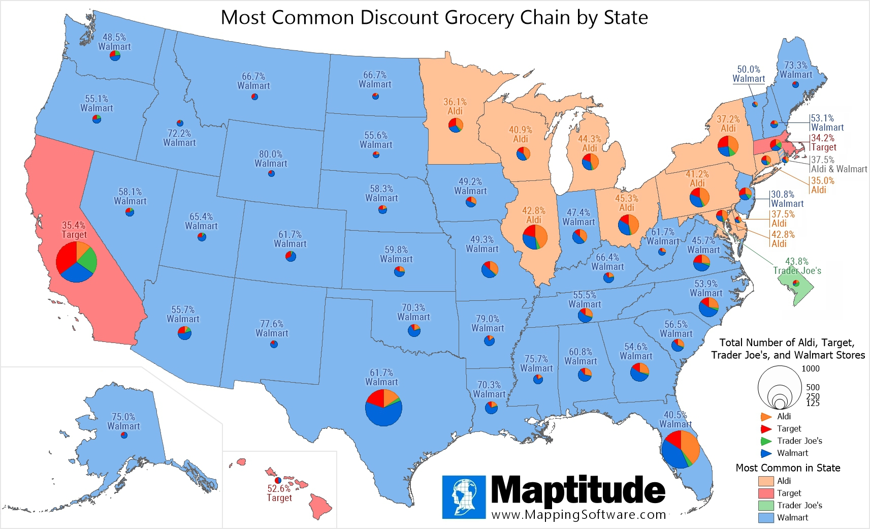 Maptitude mapping software infographic of discount grocery leaders by state - Walmart dominates, Aldi holds the Midwest