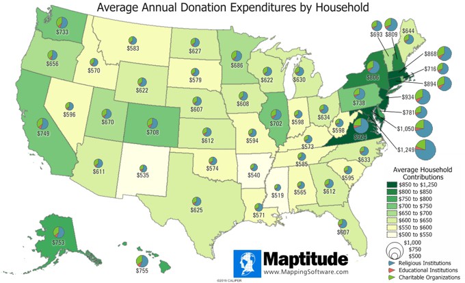 Maptitude map of Average Household Donation Expenditures by State