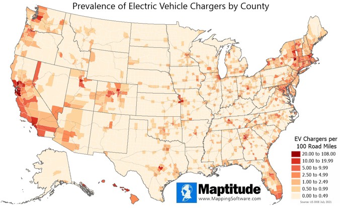 Maptitude map of EV chargers per 100 road miles by county