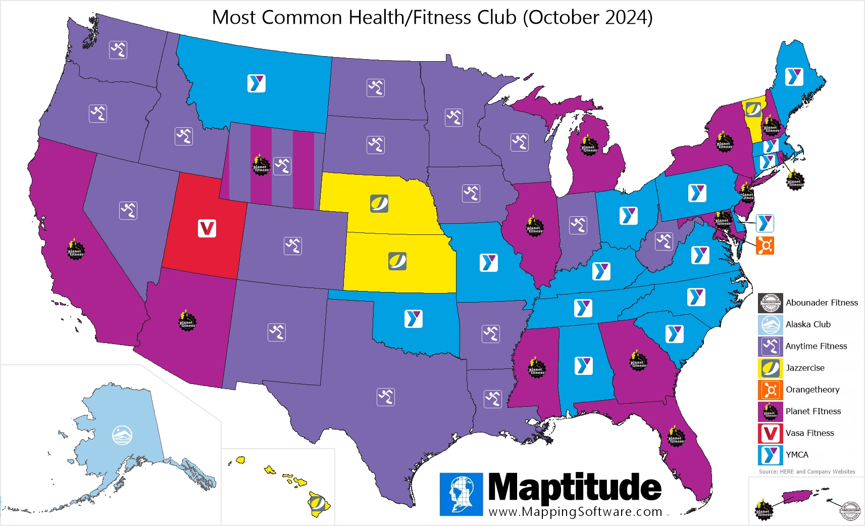 Maptitude mapping software infographic of the most popular health and fitness chains in each state