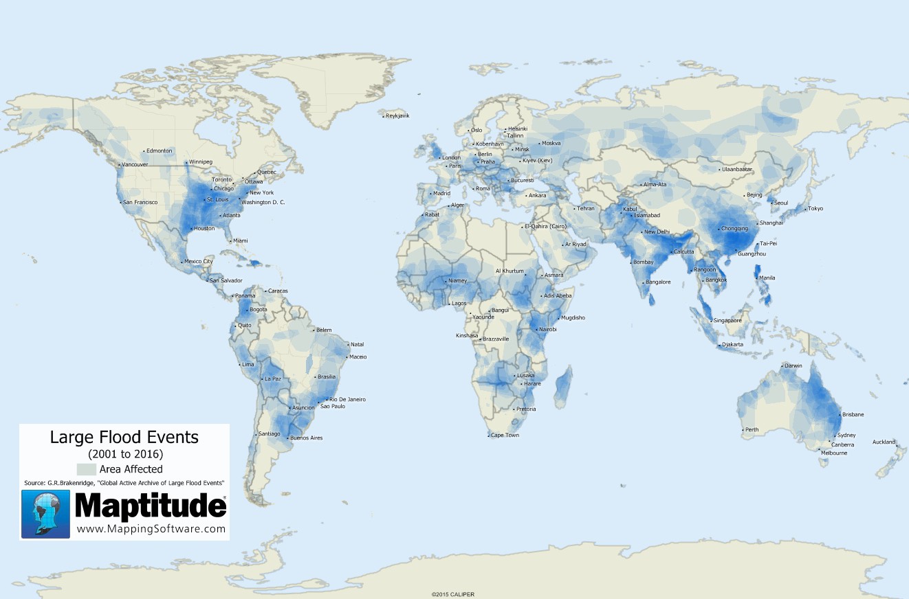 Maptitude map showing the world flooding events from 2001-2016