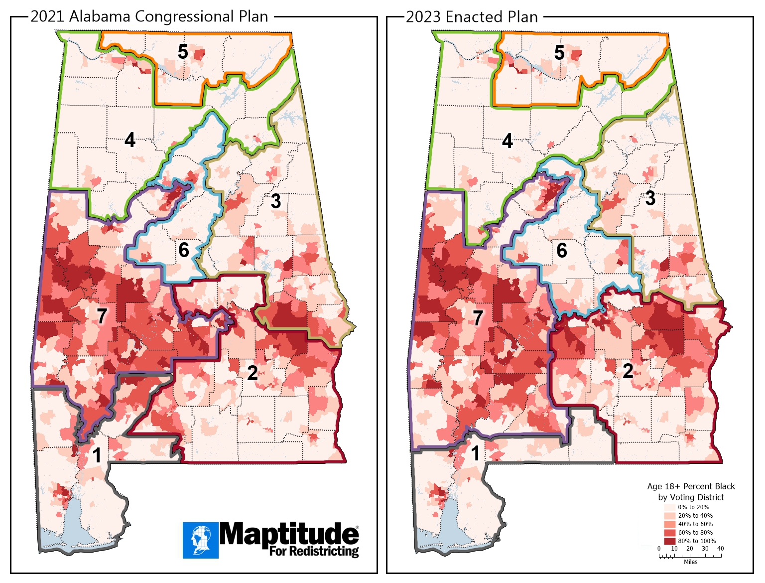 Maptitude map of Alabama congressional districts comparing original and court-ordered maps
