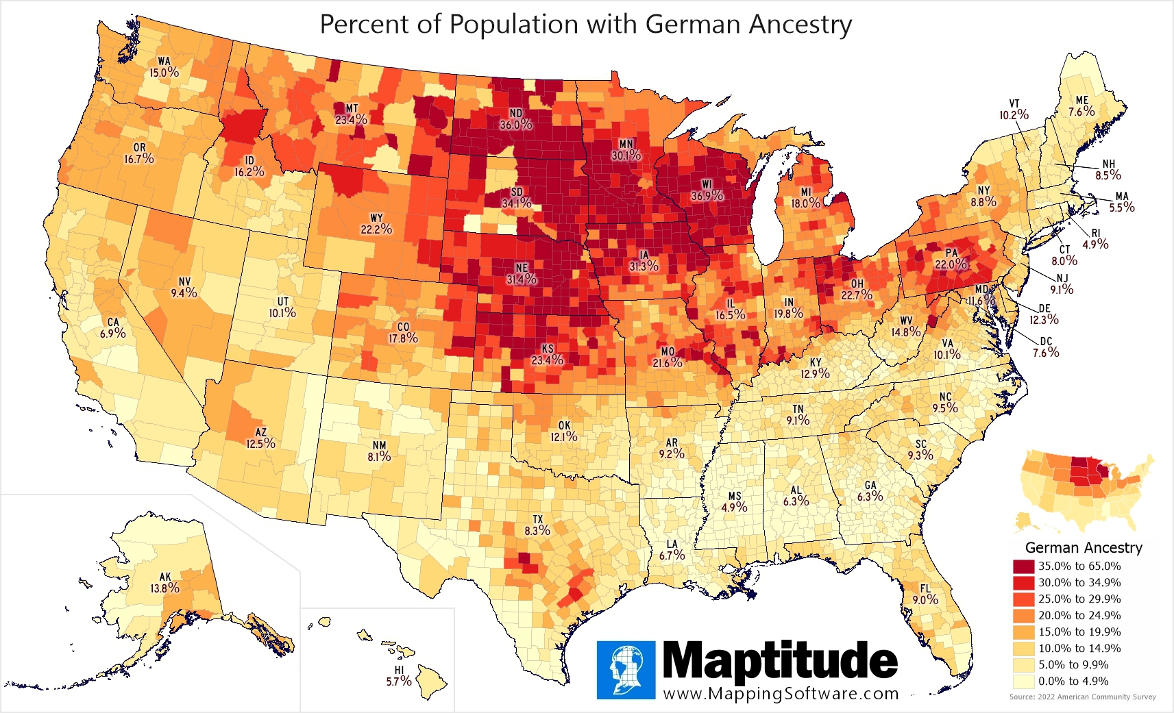 Maptitude mapping software infographic of German ancestry by county for National Tartan Day