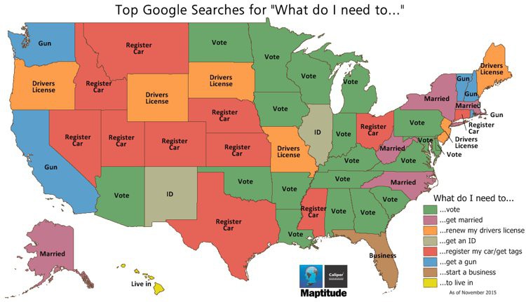 Maptitude map of top Google searches for 'What do I need...'